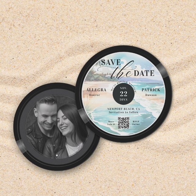Save The Date Tropical Beach Wedding Save Date Music Love QR (tropical beach wedding save the date photo musician music lover vintage vinyl record QR code)