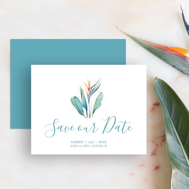 Save The Date Tropical Enregistrer La Date Pour Le Mariage (Save the date tropical destination wedding watercolor art by Victoria Grigaliunas of Do Tell A Belle)