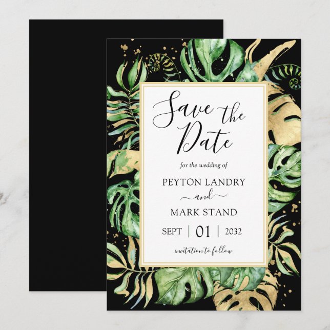 Save The Date Tropical Feuille moderne Black & Gold Frame (Devant / Derrière)