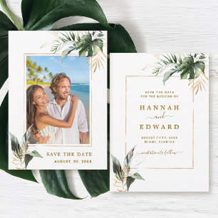 Save The Date Tropical Foliage Gold Mariage Photo Enregistrer La