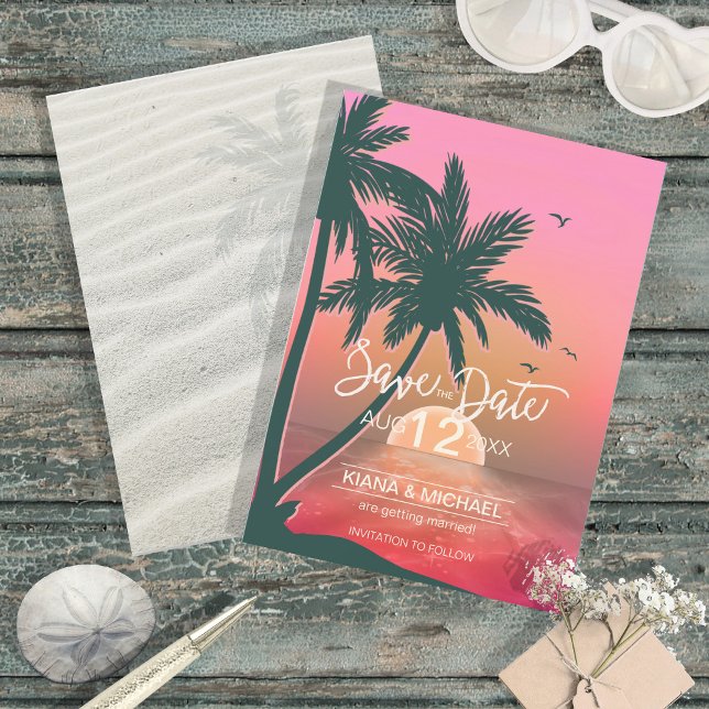 Save The Date Tropical Isle Sunrise Mariage Pink ID581 (Créateur téléchargé)