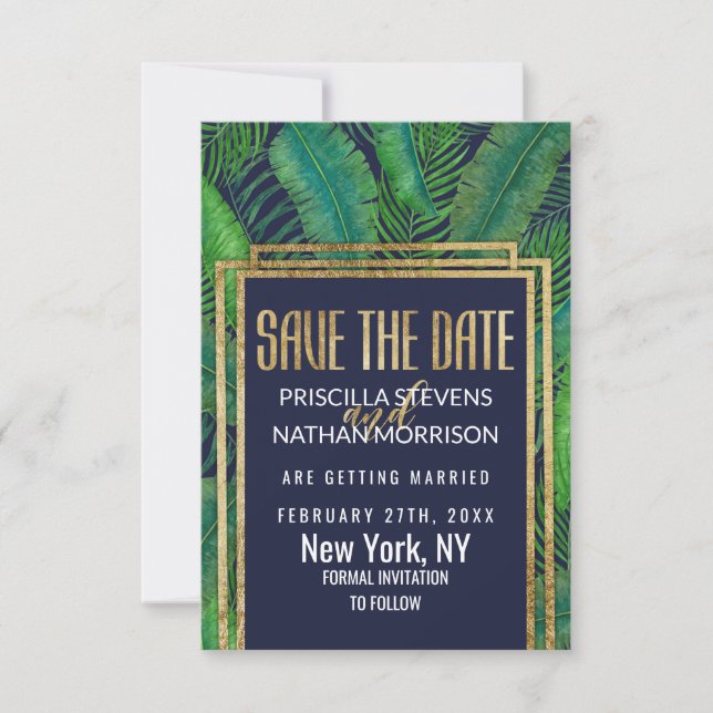 Save The Date Tropical Palm Tree Greenery Or Marine Bleu (Devant)