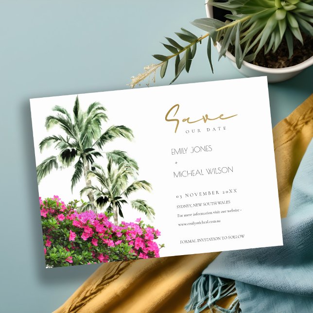 Save The Date Tropical palmier de Bougainville rose vert (Créateur téléchargé)