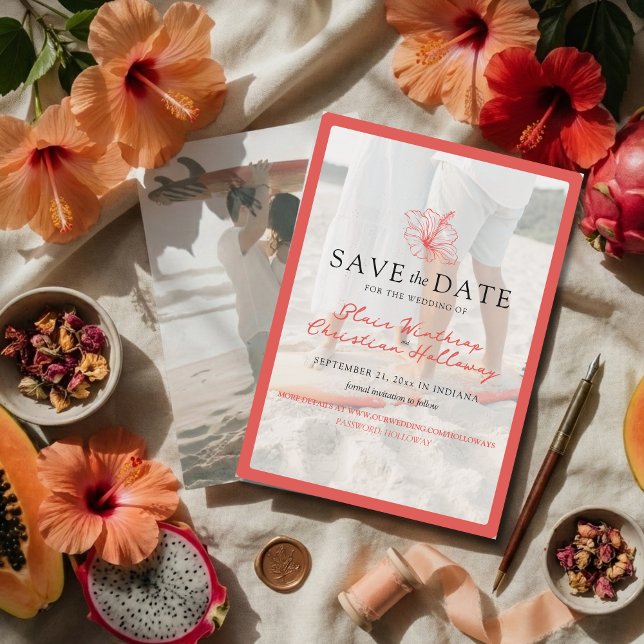 Save The Date Tropical Pink Hibiscus Double Sided Photo Wedding (Invite guests to your destination wedding day with this Tropical Pink Hibiscus Save the Date!)