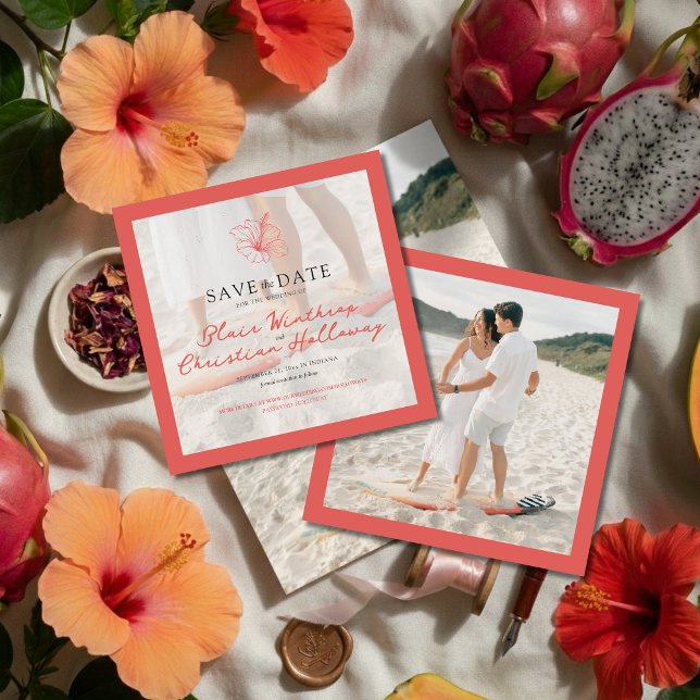 Save The Date Tropical Pink Hibiscus Double Sided Photo Wedding (Invite guests to your destination wedding day with this Tropical Pink Hibiscus Save the Date!)