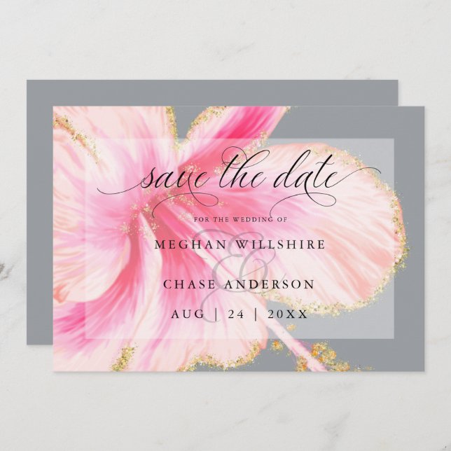 Save The Date Tropical Rustique Aquarelle Fleur Rose (Devant / Derrière)