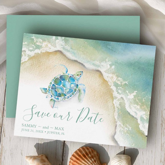 Save The Date Tropical Sauvegarder la date avec Tortue de mer à  (Beach wedding save the dates watercolor sea turtle and ocean waves design by Victoria Grigaliunas)