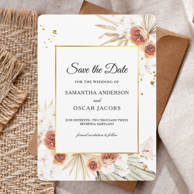 Save The Date Tropical Terracotta séché Palm Leaf Gold Frame (Créateur téléchargé)