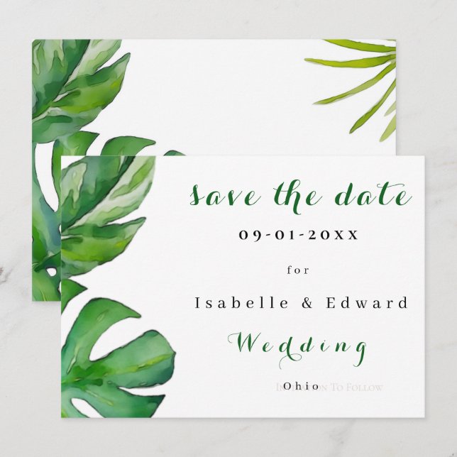 Save The Date Tropical Watercolor Green Leaves Custom (Devant / Derrière)