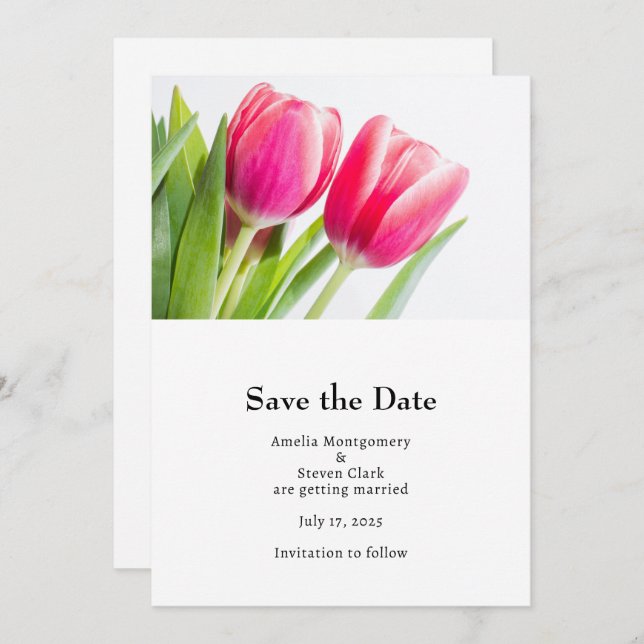 Save The Date Tulipes roses avec Mariage photo Feuille vert (Devant / Derrière)