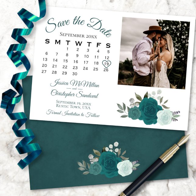 Save The Date Turquoise & Aqua Boho Rose Mariage Calendrier & Ph (In Situ Front/Back)