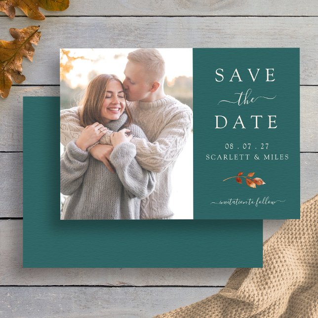 Save The Date Turquoise Automne Feuilles Photo Enregistrer La Da (Elegant Teal Fall Leaf Photo Save The Date Wedding Card by Painted Paperie
)