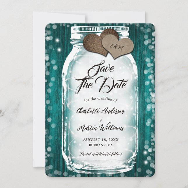 Save The Date Turquoise Barre Bois Chaîne Lumières Mason Jar Mar (Devant)