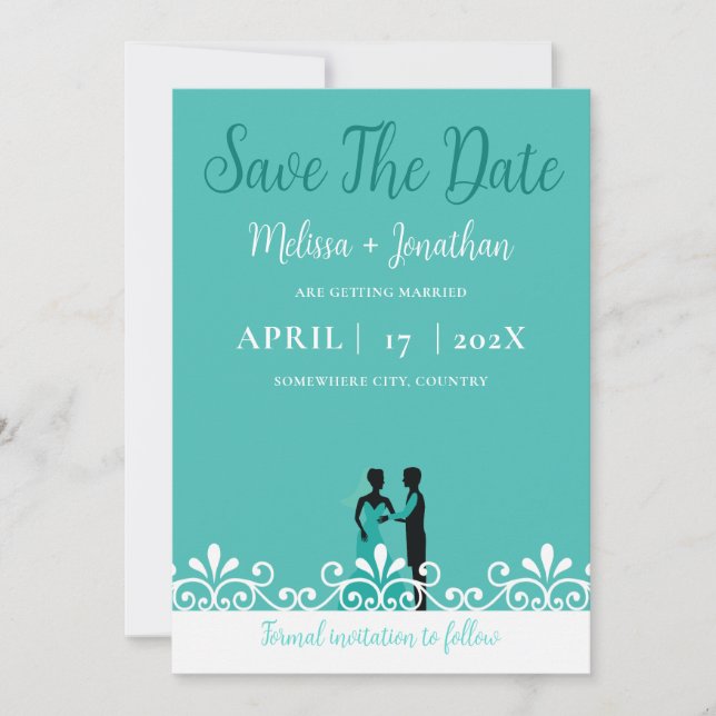 Save The Date Turquoise Blanc Élégant Mariage Mariée et Salle (Devant)