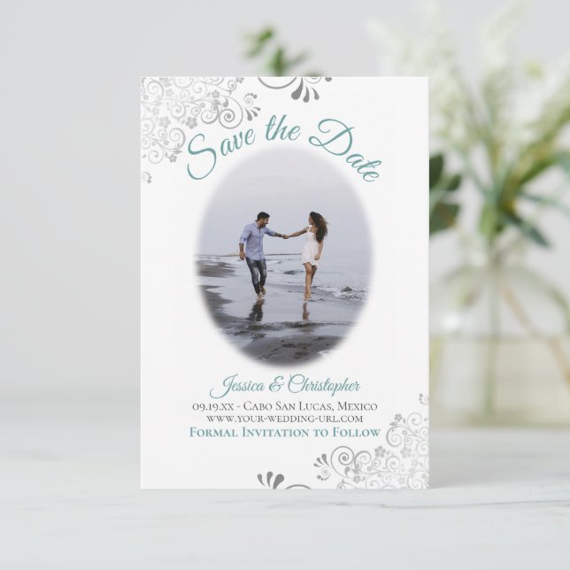 Save The Date Turquoise & Blanc Simple Elégant Mariage Oval Phot (Debout devant)