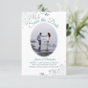 Save The Date Turquoise & Blanc Simple Elégant Mariage Oval Phot