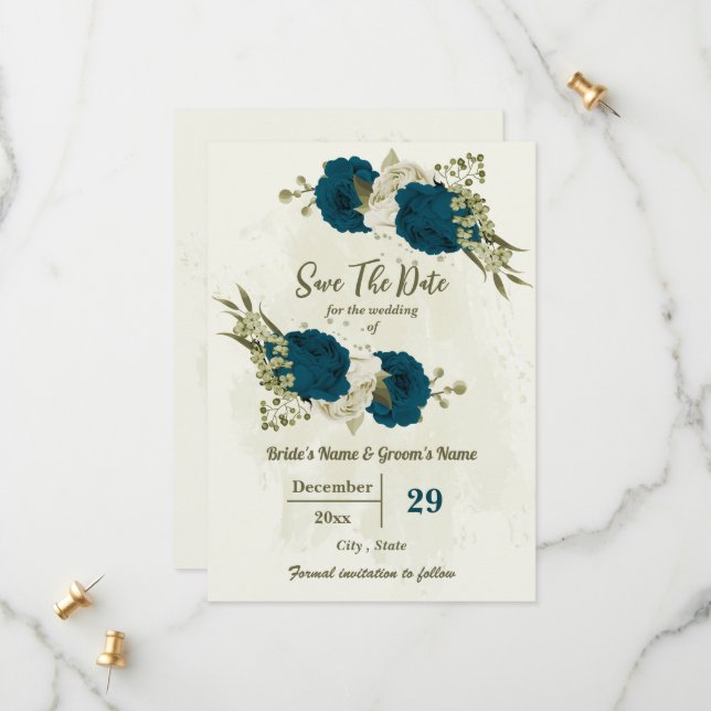 Save The Date turquoise bleu beige fleurs mariage botanique (Devant/Arrière en situation)