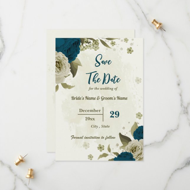 Save The Date turquoise bleu beige fleurs mariage botanique (Devant/Arrière en situation)