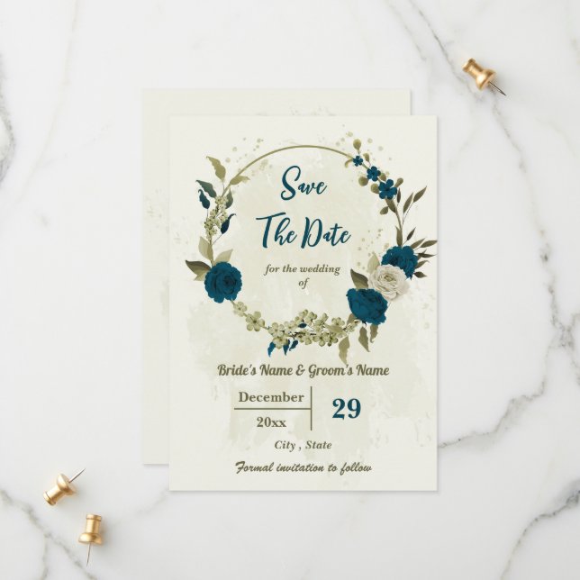 Save The Date turquoise bleu beige fleurs mariage botanique (Devant/Arrière en situation)