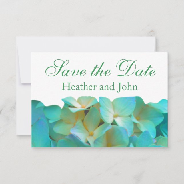 Save The Date Turquoise bleu jaune rose hydrangée fleurs florale (Devant)