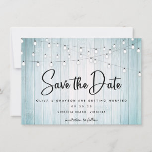 Save The Date Turquoise Bleu Rustique Chaîne de bois Lumière Pho