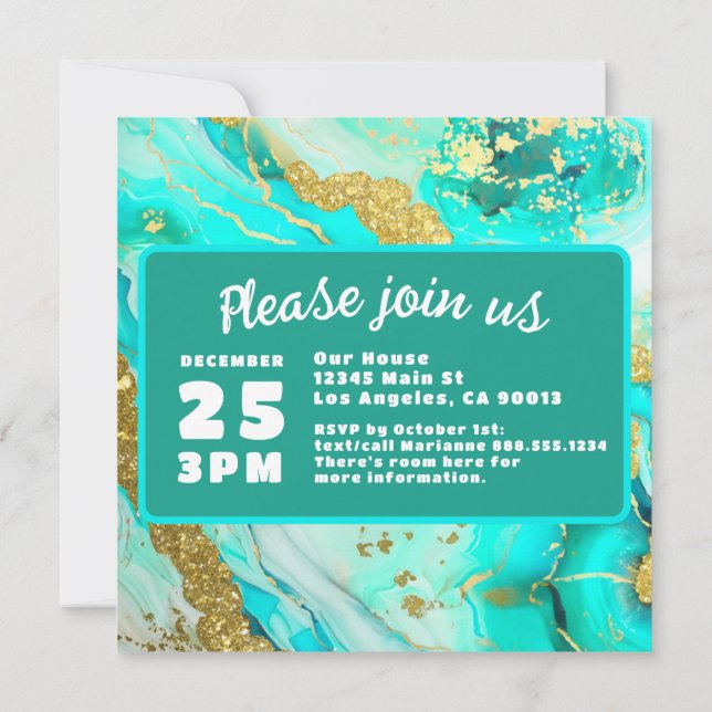 Save The Date Turquoise Bleu Vert Marbre Faux Or Mariage (Dos)
