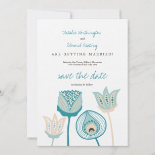 Save The Date Turquoise Blue & Ivory Funky Flowers Enregistrer l
