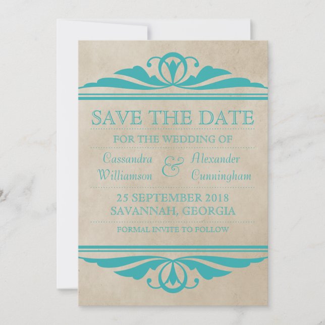 Save The Date Turquoise Élégant Déco Enregistrer l'Invitation de (Devant)