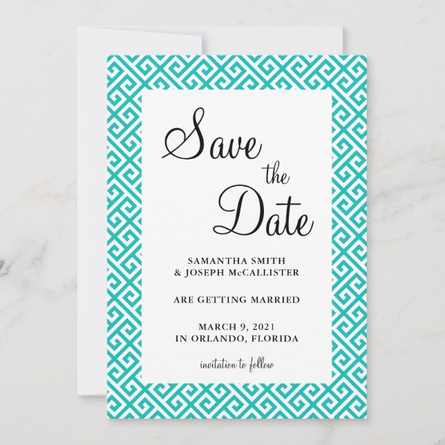 Save The Date Turquoise et blanc Motif de clé grecque diagonale (Devant)