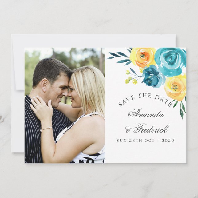 Save The Date Turquoise et Jaune Fleurs Mariage Enregistrer la D (Devant)