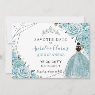 Save The Date Turquoise Floral Argent Quinceanera Sweet sixteen
