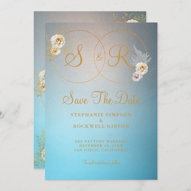 Save The Date Turquoise Gold Monogramme Nom Mariage initial (Devant / Derrière)