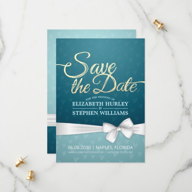 Save The Date Turquoise Gold & White Ribbon Script Enregistrer L (Devant/Arrière en situation)