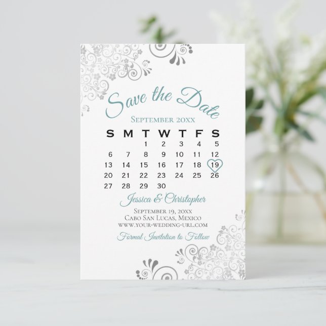 Save The Date Turquoise Gris & Blanc Simple Élégant Calendrier d (Debout devant)