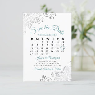 Save The Date Turquoise Gris & Blanc Simple Élégant Calendrier d
