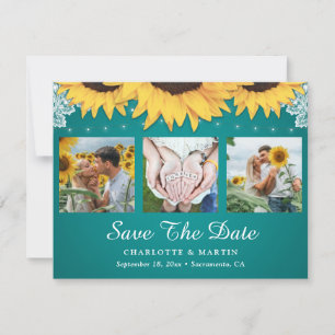 Save The Date Turquoise Lace Tournesol 3 Photo Collage Enregistr