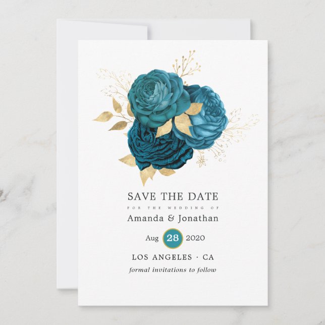 Save The Date Turquoise - Mariage Floral Turquoise et Or (Devant)