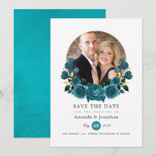 Save The Date Turquoise - Mariage Photo Floral Or et Sarcelle