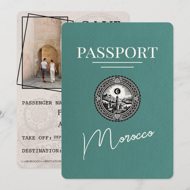 Save The Date Turquoise Maroc Passeport Enregistrer La Date (Devant / Derrière)