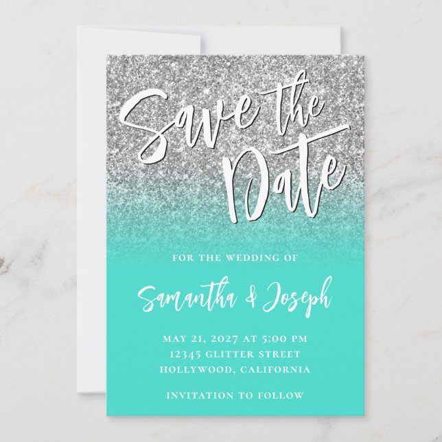 Save The Date Turquoise Ombré Pailleté Argenté  (Devant)