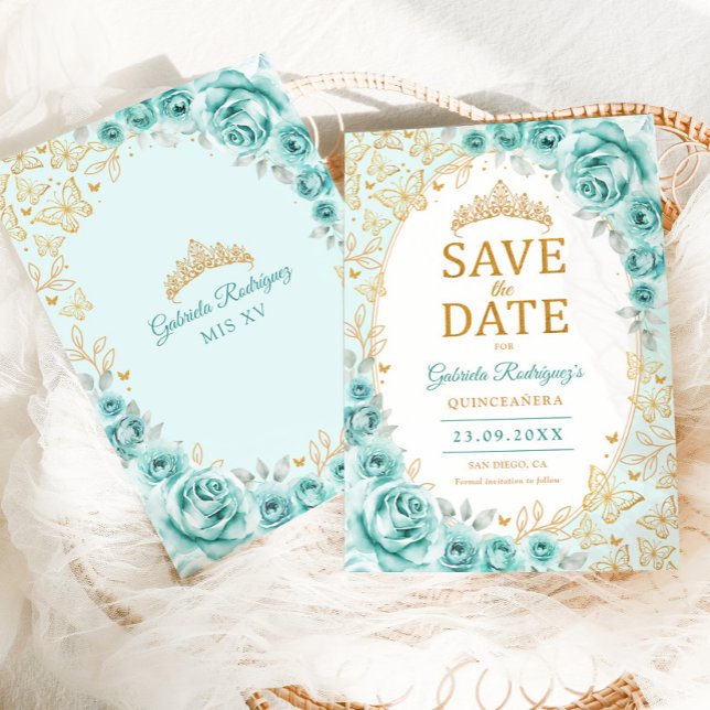 Save The Date Turquoise Or Floral Quinceanera (Créateur téléchargé)