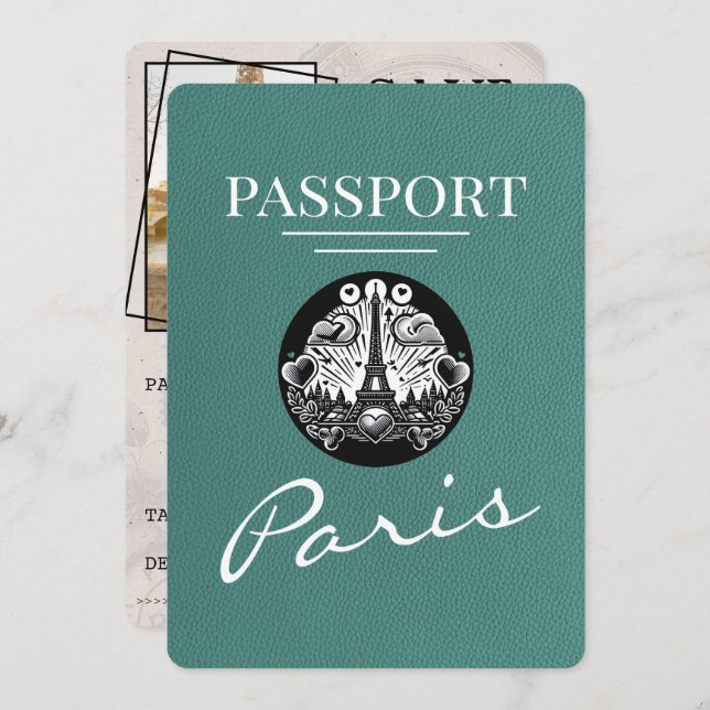 Save The Date Turquoise Paris Passport Enregistrer La Date (Devant / Derrière)
