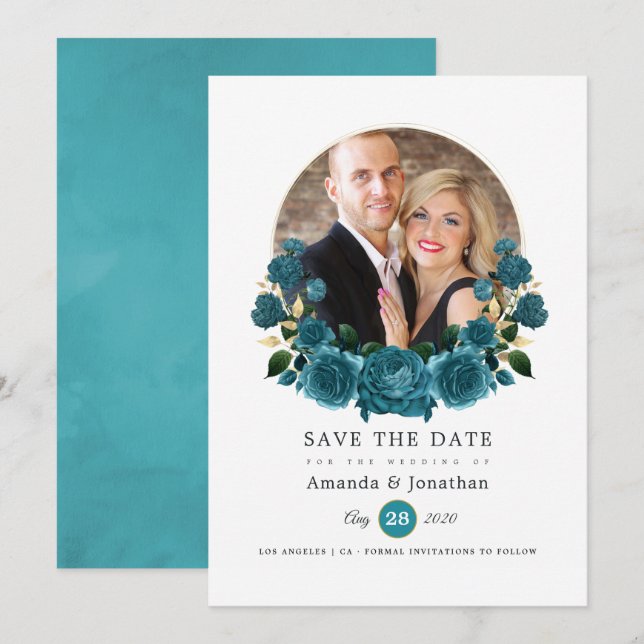 Save The Date Turquoise - Photo de mariage floral or et sarcelle (Devant / Derrière)