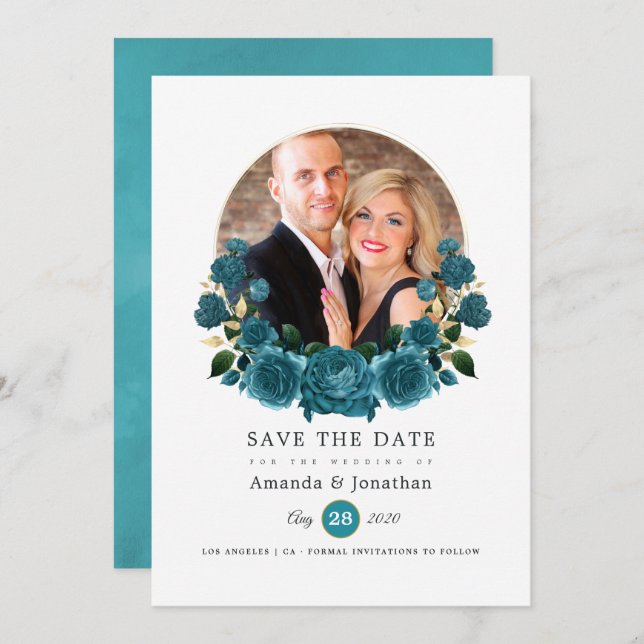 Save The Date Turquoise - Photo de mariage floral sarcelle et or (Devant / Derrière)