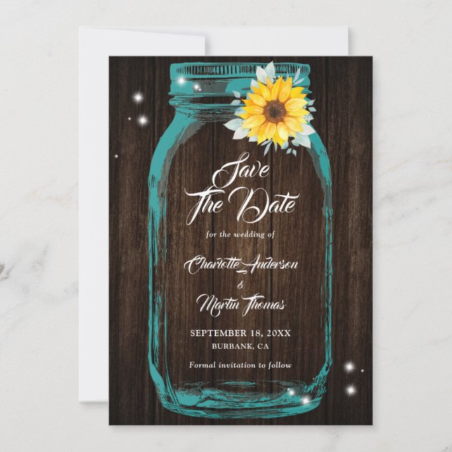 Save The Date Turquoise rustique Mason Jar Mariage de tournesol  (Devant)