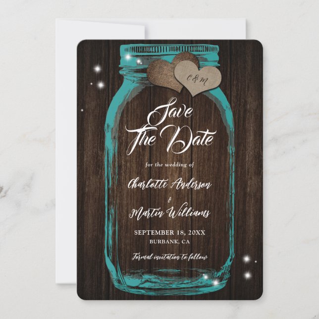 Save The Date Turquoise rustique Mason Jar Mariage en bois (Devant)