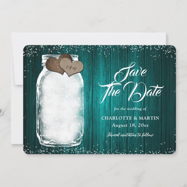 Save The Date Turquoise Rustique Mason Jar String Lumières Maria (Devant)