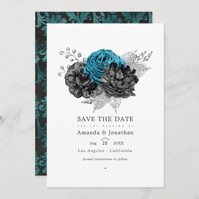 Save The Date Turquoise - Sarcelle Fleurs de mariage Noir et Arg (Devant / Derrière)
