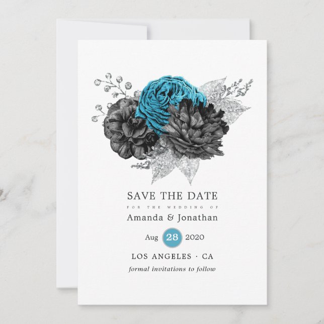 Save The Date Turquoise - Sarcelle Mariage Fleur Noir et Argent (Devant)