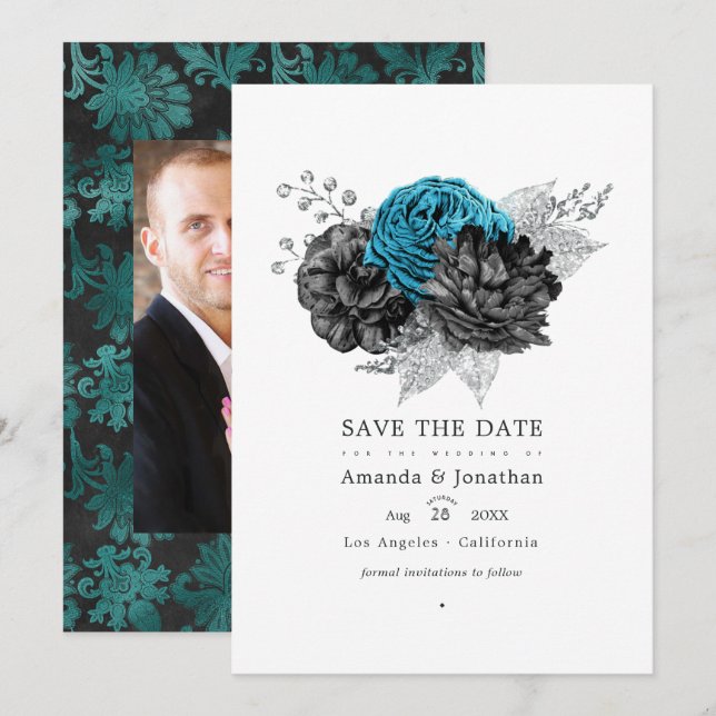 Save The Date Turquoise - Sarcelle Mariage Fleurie Argent et Noi (Devant / Derrière)